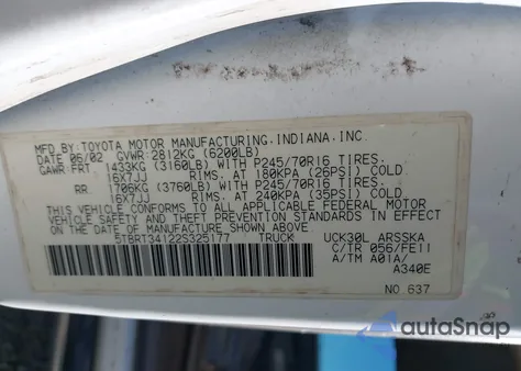 2002 Toyota Tundra Sr5 V8 z USA, uszkodzony, nr VIN 5TBRT34122S325177